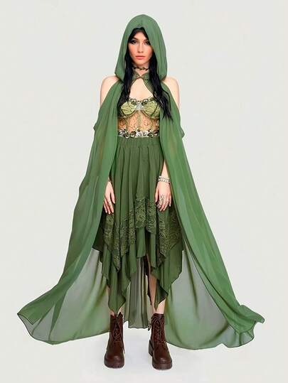 גלימת שיפון עם קפוצ'ון אחת, ירוק/שחור, אידיאלית למסיבה, צילום, תחפושת גמדים, ליל כל הקדושים, התכנסויות חג, ברים לתלבושות