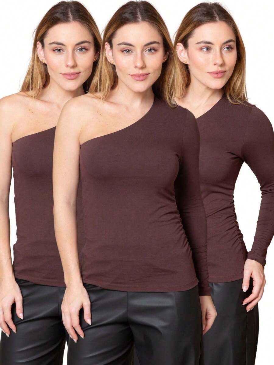 Kit 3 Blusas Feminina Um Ombro Só Mula Manca Manga Longa  Simples    Viscose    Assimétrico    Noite  Feriado  Festa de aniversário - Marrom - Visão 1