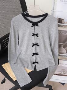 Áo len dài tay họa tiết nơ 3D tương phản màu sắc sang trọng tôn dáng cho nữ, mùa thu, mặc hàng ngày, hẹn hò, đi làm, Giáng sinh - Xám - Xem 2