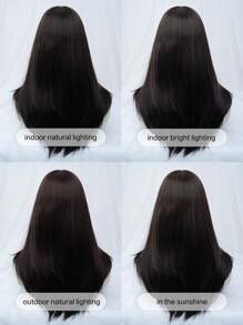 一体式合成耐热假发，带刘海，黑棕色直发假发，22 英寸长，全机器编织，自然逼真的假发，适合日常使用