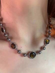 1/4 Stücke Vintage Leder Braun Edelstein Anhänger Halskette, mehrschichtige Choker Halskette, elegante Schlüsselbein Kette für Frauen, Herbst/Winter