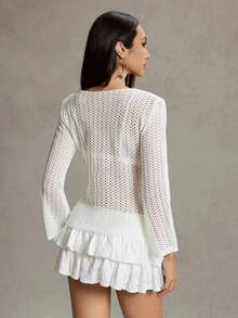 Women's Handmade Floral Hollow-Out Casual Comfortable Long Sleeve Top, Fashion Cardigans Solid Color Crochet Open Front Lightweight Knit Cropped Sweaters Sexy Hollow Knitted White Hollowed Out Elegant 3D Flower Pullover Coverup, Spring Summer