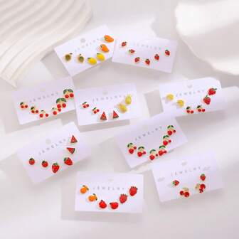 1 Pair Fruit Shaped Alloy Stud Earrings, Cute Cartoon Cherry, Watermelon, Strawberry Summer Fruit Series, Carded