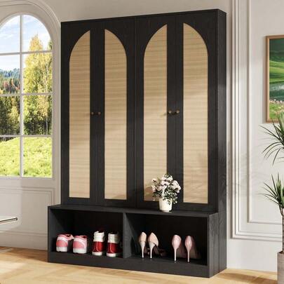 MERAX Farmhouse Widen Hall Tree With 4 Rattan Doors, Versatile 4-In-1 Seating Bench With 6 Hooks, Mid-Century Entryway Shoe Cabinet With Adjustable Shelf For Living Room, Black, 55.1"W