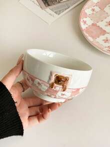 Cute Checkered Bear Covered Ceramic Dinnerware Set, Pink Girly Breakfast Bowl & Plate - Multicolor - View 6