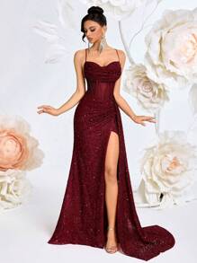 ADYCE Robe à bretelles fines, encolure en V, patchwork de résille pailletée, taille haute, avec ceinture à nouer, dos nu, fendu, convient pour le bal de promo, la soirée