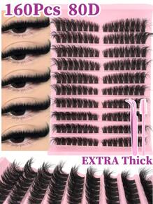 160 件独立睫毛簇 80D D 卷曲 8-16 毫米 DIY 单根睫毛延长套件，超浓密、蓬松、自然、可重复使用，适合家庭使用、外出、日常生活、婚礼、约会、派对、音乐节和旅行睫毛簇、睫毛簇、单根睫毛、睫毛、假睫毛