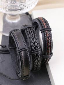3件/1件 复古黑色编织皮革手链DIY 男士组合套装 - 黑色 - 查看 8