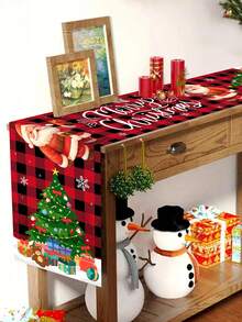 1pc 35*180cm/13.78*70.87inch Christmas Decorative Table Runner, Red & Black Plaid Santa Claus & Christmas Tree Gift Pattern, Suitable For Home Dining Table, Coffee Table, Party Decor, Holiday Gift Essential Textile Decoration - Multicolor - View 5