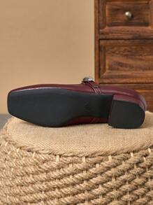 MonaNise 女士3厘米布面包跟黑色时尚百搭玛丽珍低跟粗跟优雅平底鞋，另有藏蓝色、咖啡色、酒红色可选 - 復古紅色 - 查看 7