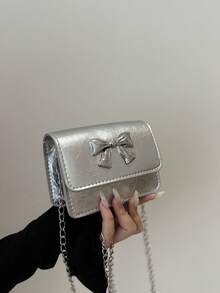 Mini Chain Shoulder Bag For Women, Fashionable Versatile High-End Bowknot Decor Small Square Flap Bag - Silver - View 1