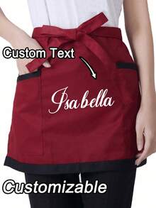1Pc Personalized CustomUnisex Polyester Apron With 2 Pockets - Customizable Short Half Waist Waiter Work Uniform Hair Stylist Black Apron Hairdresser Beauty Salon Cosmetologist Cosmetology School Barber Gift Custom,For Kitchen, Hotel, Restaurant, Cooking, Baking, And Chef Use, Perfect For Personalized Text Or Logo