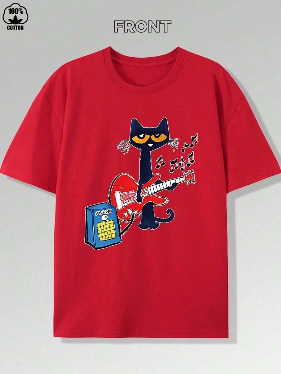 Vibrant Music Guitar Kitten Print T-Shirt -180g, Pure Cotton Short Sleeved Round Neck Top, Fashionable And Casual Boutique Men's T-Shirt - High-Quality Cartoon Print, Soft And Breathable, Perfect For Music Enthusiasts And Kitten Fans-Unisex Women & Men's Tees - 紅色 - 查看 1