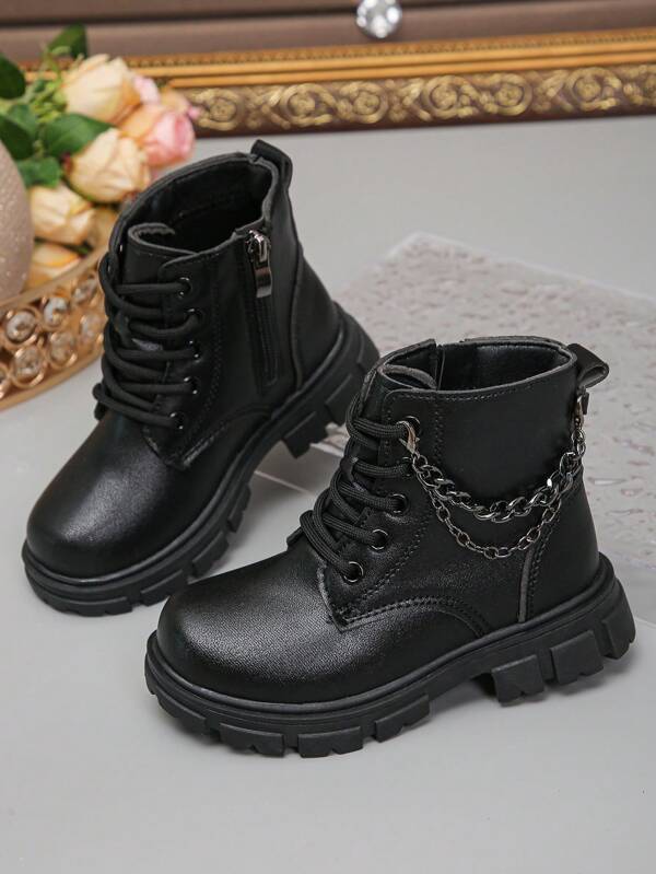 1 par de botas con cremallera lateral, cadena, botón y resistencia al desgaste de moda, antideslizantes, para niños medianos y pequeños