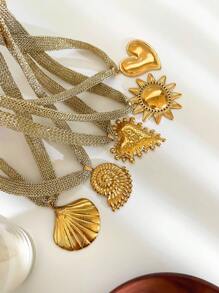 Monlansher New Stainless Steel Exaggerated Seashell, Leaf, Sunflower Pendant Necklace With Lace Mesh Chain, Fashionable & Necklace For Women