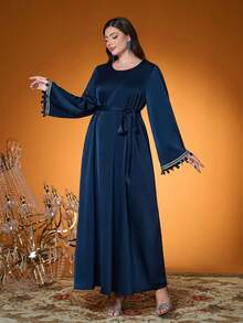 Mgiacy-Classy Women's Solid Color Woven Beaded Arabic Abaya