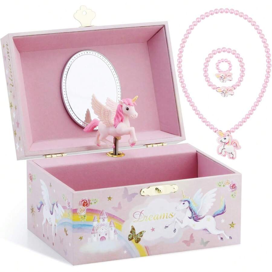 RR ROUND RICH DESIGN Musical Jewelry Glitter Storage Box And Jewelry Set For Little Girls With Spinning Unicorn And Rainbow - Over The Waves Tune Pink