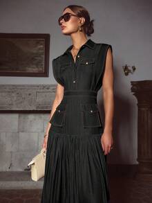 Sollinarry Đầm không tay xếp ly có túi kiểu denim mới cho nữ mùa thu, trang phục công sở cho nữ, trang phục giáo viên cho nữ, thanh lịch mùa xuân - màu đen - Xem 2