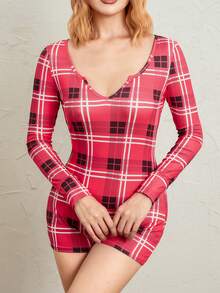 Women's Sexy Romper Shorts, Funny Print Long Sleeve Button Down Deep V Neck Bodysuit - Cuadros rojos y negros - Ver 5