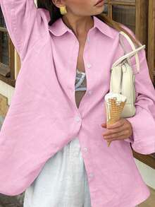 Look Polly 女士长袖衬衫，纯色单排扣休闲时尚款式，采用可追溯棉质面料，带有口袋设计，是返校季的理想选择，展现复古魅力，适合教师节和感恩节等各种场合，是新年的完美搭配。 - 粉色 - 查看 5