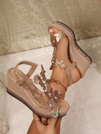 New Summer/Autumn Fashion Versatile Wedge Sandals With Butterfly & Faux Pearl Decor, Strap