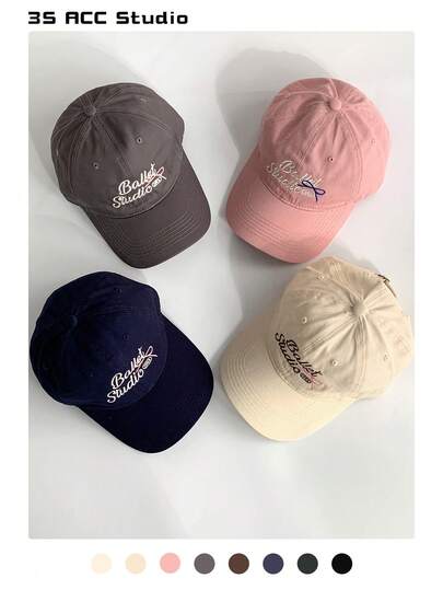 1 件软顶刺绣字母拼色棒球帽，可爱蝴蝶结设计，百搭休闲刺绣遮阳帽，适合女士
