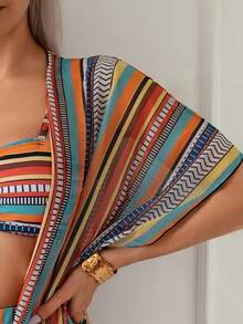 Women's Tropical Bikini Set High Waisted Boyshorts 3 Piece Swimsuits With Kimono Cover Up - 棕色 - 查看 3