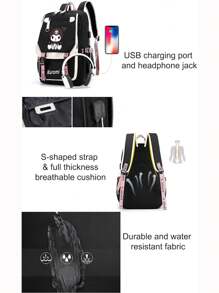 Sanrio Sanrio Kuromi Anime Cartoon Backpack , Nylon Laptop Backpack For Boys And Girls, Multiple Compartments, External Device Ports, Waterproof Design, Adjustable Shoulder Straps, Suitable For School And Daily Use As Well As Travel, Cute Cartoon Printing, Themed Lunch Bag, Backpack Durable Zipper Closure, Back-To-School Supplies