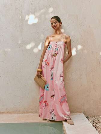 1 Damklänning med tryck och strumpeband, bohemisk stil, maxiklänning i hawaiisk stil, lös modell