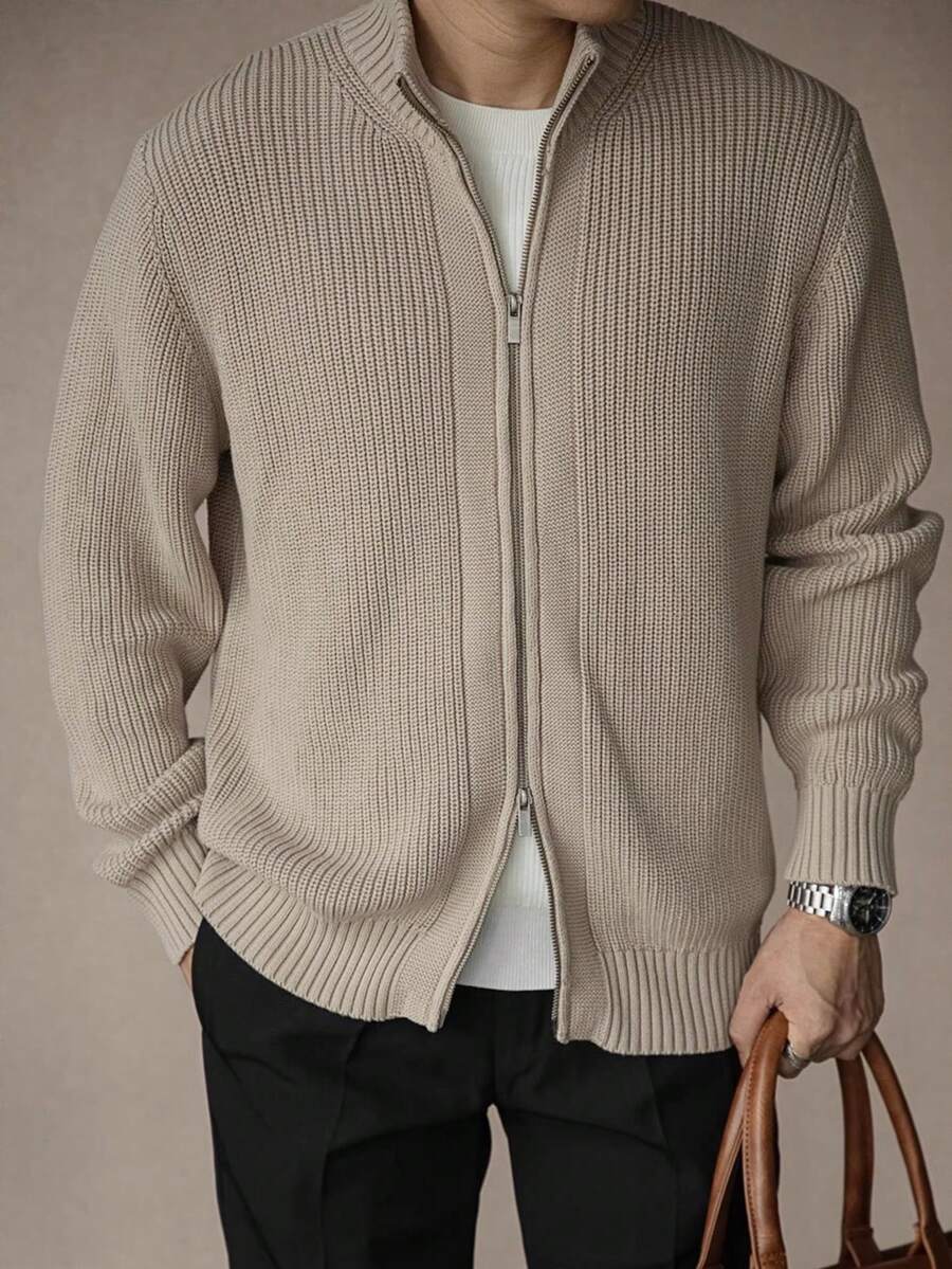 Men's Solid Color Front Zipper Long Sleeve Casual Cardigan, Thick Loose Knit Sweater Jacket - Camel - View 1