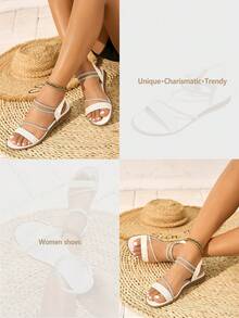 Sandales plates pour femmes, nouvelles sandales plates de plage d'été décontractées à la mode avec décoration par transfert d'eau pour femmes - Blanc - Voir 10