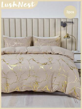 Metallic Marble Duvet Cover Set Foil Print Glitter Bedding Set Taupe Marble Bedding Set 3 Pieces Gold Metallic Comforter Cover Soft Microfiber Duvet Cover For Boys Girls 1 Duvet Cover 2 Pillowcases No Comforter