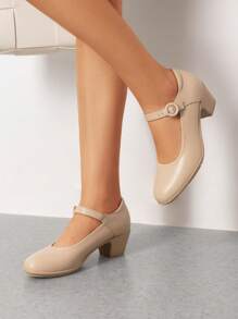 Women's Pumps Low Chunky Mary Jane Heels Closed Round Toe Solid Color Comfortable Dating Work Dress Shoes