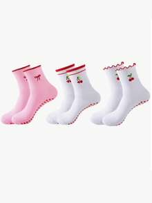 1/3 双多尺寸可爱樱桃、蝴蝶结、扇贝边、心形圆点印花普拉提和瑜伽袜，秋季袜子