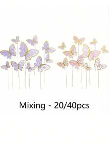 10/20/30/40/40个混合尺寸蝴蝶蛋糕装饰，3D粉紫色蝴蝶纸杯蛋糕装饰插牌，生日、婚礼和派对用品，烘焙蛋糕、甜点、开胃菜、小吃装饰，蝴蝶生日蛋糕装饰，节日装饰签，什锦套装 - 彩色 - 查看 11