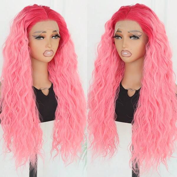 13x4 Ombre Peach Pink Water Wave Synthetic Lace Front Wigs Long Loose Curly Hair Red Roots Glueless Replacement Wig Pre Plucked Natural Hairline Baby Hair Heat Resistant Fiber For Fashion Women Girls Daily Party Wear 26 Inch 180% Density
