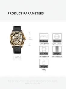 1pc Men's Black Leather Strap Gold Case Vintage Engraved Design Luminous Hollow Tourbillon Automatic Mechanical Watch
