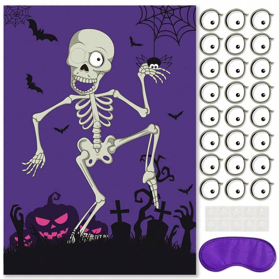将眼球固定在 Mr.Bone 万圣节派对游戏骨架海报上，附 24 张眼球贴纸，可用作万圣节派对用品课堂游戏 - 紫色 - 查看 1