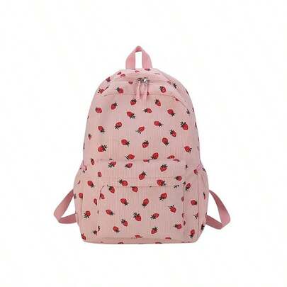 1pc Strawberry Print Backpack, Minimalist Large Capacity Corduroy Bag, Cute Fashion School Backpack For Women Girls, Lightweight Travel Daypack For College Commuting