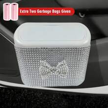 Car-Mounted Cute Bow Diamond-Studded Trash Can, Portable Press-Type Car Trash Can, Sparkling Diamond Trash Can, Car Decorative Trash Can
