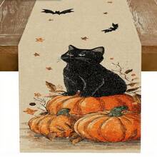 1 Piece Of Halloween Patterned Table Flag, Including Pumpkin And Black Cat, Made Of 72 Inch Knitted Polyester Fiber, Suitable For Holiday Gathering Tables, Home Kitchen Decoration, And Gifts.