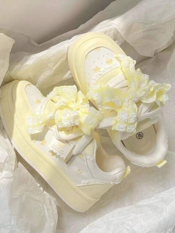 Women's Cute Patchwork Casual Sneakers, Cartoon Bear Design, Lace-Up, Comfortable, Platform, Non-Slip, Durable