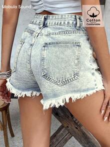 Mobula Sound# Celana Pendek Denim Kasual Sobek dan Lusuh Gaya Milenium Y2K Seksi untuk Wanita Muda, Cocok untuk Festival Musik, Musim Semi/Panas - Biru Retro - View 6