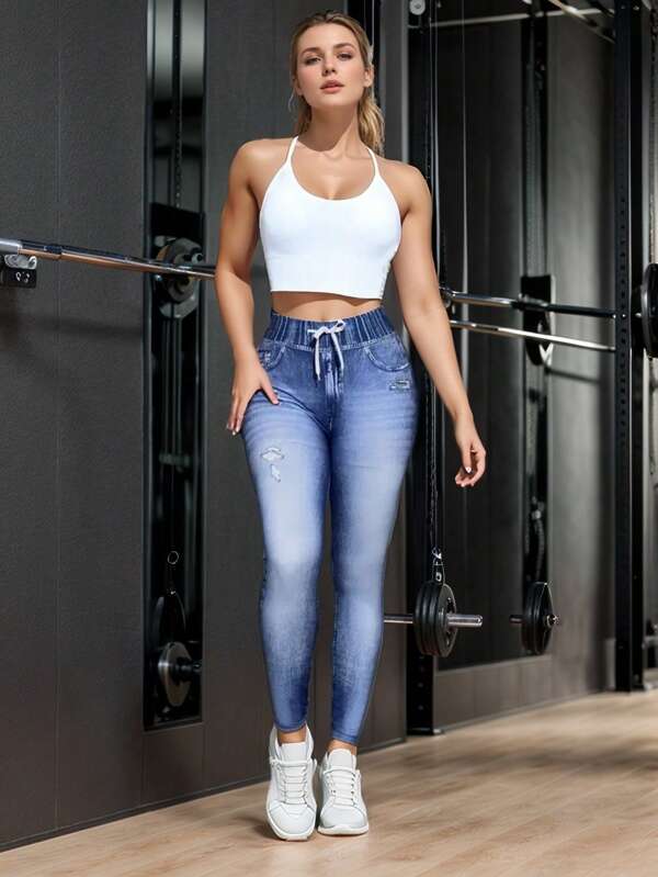 Leggings esportivas femininas com estampa de jeans imitação e cordão, suaves para a pele e respiráveis, com cintura alta e elevação do quadril, podem ser usadas em todas as estações, adequadas para exercícios ao ar livre, ioga e uso diário de lazer.