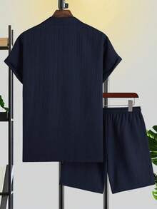 Simple And Elegant Men's Suit With Short-Sleeved Shirt, Short-Sleeved Shirt + Shorts, Fashionable Summer Men's Suit With Lapel, Suitable For Beach Vacations And Leisure At Home. - 藏蓝色 - 查看 3