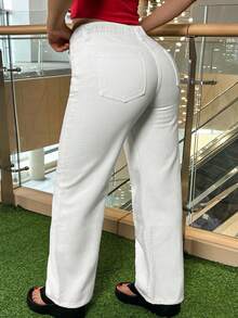女式大码宽松直筒牛仔裤 - 白色 - 查看 5