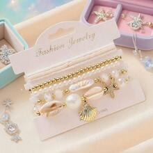 7pcs Ocean Style Imitation Pearl Starfish And Conch Pearl Bohemian Multi-Layer Bracelet Set For Women, Suitable For Beach Vacation Casual Daily Wear, Beautiful Holiday Surprise Gift White Gold Diameter 6.5cm/2.56in - 白金 - 查看 4