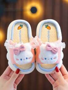 1 Pair Kids Linen Rabbit Slippers, Spring Autumn Girls Indoor Anti-Slip All-Season Boys Floor Slippers Winter - Pink - View 4