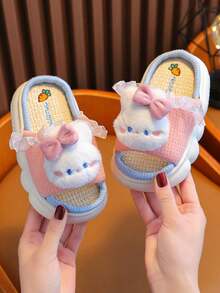 1 Pair Kids Linen Rabbit Slippers, Spring Autumn Girls Indoor Anti-Slip All-Season Boys Floor Slippers Winter - Pink - View 8