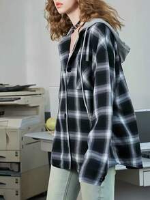 Vintage Hooded Loose Casual Slouchy Plaid Shacket, Versatile For Women, Spring/Autumn